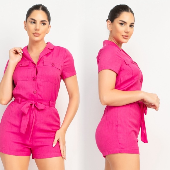 Hot pink button down romper with belt - Picture 4 of 9